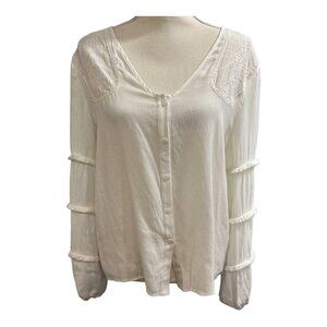 T Lulah Top Womens XS White Button Down Blouse Ruffle Embroidered‎ Sleeve Boho